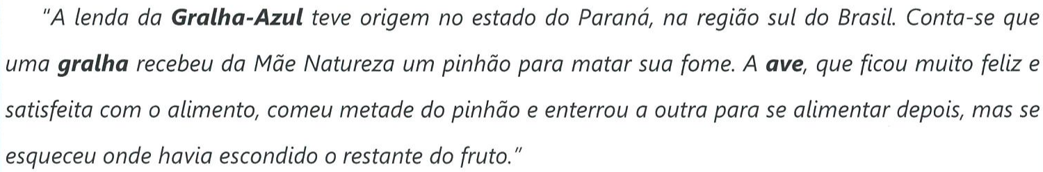 Trecho em itálico com as palavras “Gralha-Azul”, “gralha” e “ave” em negrito.