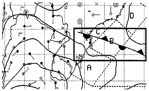 Trecho de carta sinótica de superfície sobre a América do Sul com isóbaras, símbolos de estações e um retângulo destacando uma linha frontal com triângulos e semicírculos alternados; letras A, B, C e D marcam regiões da carta.