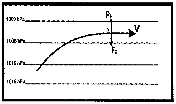 Diagrama com isóbaras horizontais de 1000, 1005, 1010 e 1015 hPa; uma trajetória curva do ar parte da região de 1010 hPa e se torna paralela às isóbaras no ponto A, com seta V para a direita; no ponto A, vetor PH aponta para cima (1000 hPa) e vetor Fc aponta para baixo.