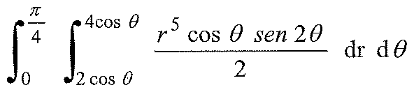 Integral de θ = 0 a π/4 e de r = 2cos θ a 4cos θ de (r⁵ cos θ sen 2θ)/2 dr dθ