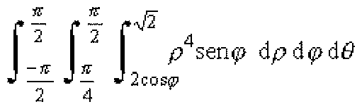 Integral de θ = −π/2 a π/2, φ = π/4 a π/2 e ρ = 2cosφ a √2 de ρ⁴senφ dρ dφ dθ