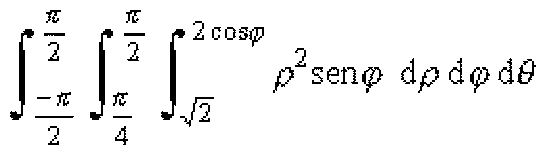 Integral de θ = −π/2 a π/2, φ = π/4 a π/2 e ρ = √2 a 2cosφ de ρ²senφ dρ dφ dθ