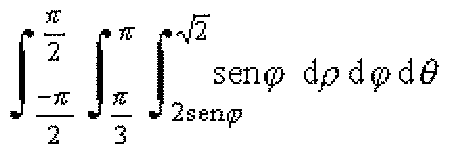 Integral de θ = −π/2 a π/2, φ = π/3 a π e ρ = 2senφ a √2 de senφ dρ dφ dθ