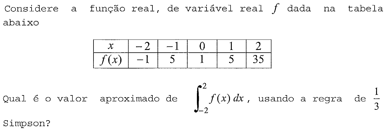 Considere a função real, de variável real f dada na tabela abaixo. Tabela: x = −2, −1, 0, 1, 2; f(x) = −1, 5, 1, 5, 35. Qual é o valor aproximado da integral de −2 a 2 de f(x) dx, usando a regra de 1/3 Simpson?