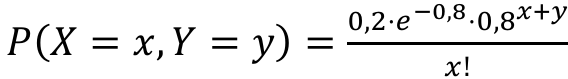 Fórmula: P(X = x, Y = y) igual a 0,2 vezes e elevado a menos 0,8 vezes 0,8 elevado a x mais y, tudo dividido por x fatorial.