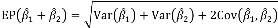 Fórmula: EP de (beta 1 chapéu mais beta 2 chapéu) igual à raiz quadrada de Var(beta 1 chapéu) mais Var(beta 2 chapéu) mais 2 Cov(beta 1 chapéu, beta 2 chapéu).
