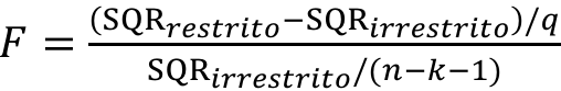 Fórmula: F igual a (SQR restrito menos SQR irrestrito) dividido por q, sobre SQR irrestrito dividido por (n menos k menos 1).