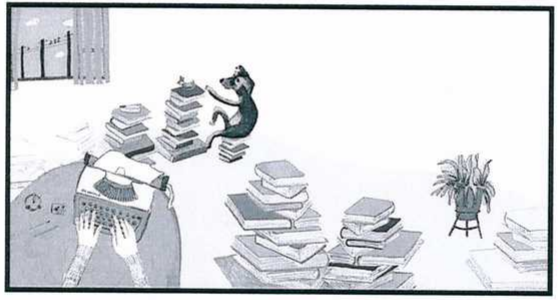 Ilustração vista de cima: mãos datilografando em uma máquina de escrever, pilhas de livros espalhadas pelo chão, um vaso de planta e um cachorro sobre uma pilha de livros com um passarinho.
