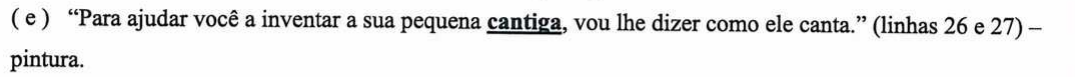 Recorte da alternativa (e) impressa, com a palavra “cantiga” destacada em negrito e sublinhado.