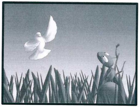 Ilustração de uma pomba branca voando sobre a vegetação e uma formiga em meio às folhas de capim.