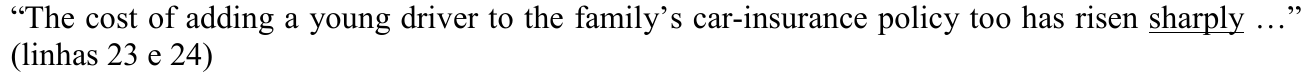 “The cost of adding a young driver to the family’s car-insurance policy too has risen sharply …” (linhas 23 e 24) — termo sublinhado: sharply.