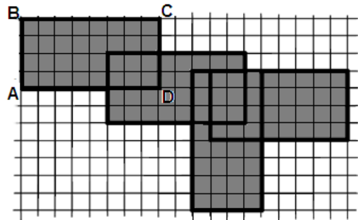 Malha quadriculada com quatro retângulos idênticos sobrepostos, um deles com vértices A, B, C e D, formando uma figura destacada em cinza.