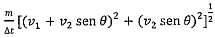 Expressão: (m/Δt)·[(v1 + v2 sen θ)² + (v2 sen θ)²]^(1/2)