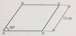 Paralelogramo ABCD com base AD horizontal, ângulo de 60° no vértice A e lado CD indicado com 12 cm.
