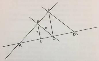Figura com os pontos A, B, C e D sobre uma reta, os pontos F e E sobre outra reta que parte de A, segmentos FB (marcado y), FC (marcado x), CE e ED formando triângulos.