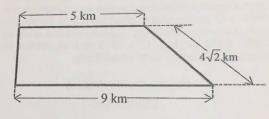 Trapézio retângulo com base superior de 5 km, base inferior de 9 km e lado oblíquo de 4√2 km.