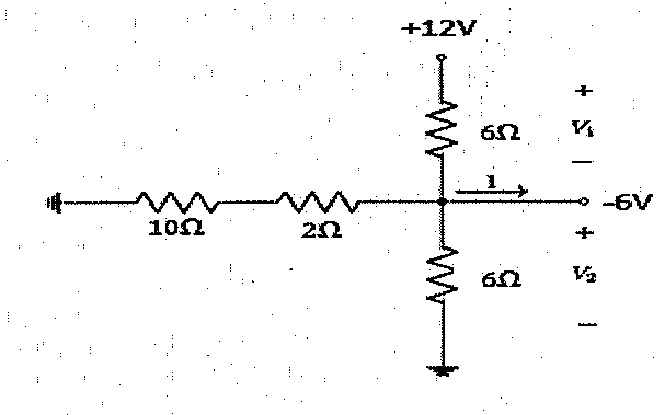 Circuito: fonte de +12 V ligada por resistor de 6 Ω ao nó central; do nó central, resistor de 6 Ω para a terra; à esquerda, resistores de 10 Ω e 2 Ω em série até um terminal; à direita, terminal a −6 V com corrente I saindo do nó. V1 indicada sobre o resistor superior e V2 sobre o resistor inferior.