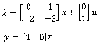 x ponto = [[0, 1], [−2, −3]] x + [0; 1] u; y = [1 0] x.