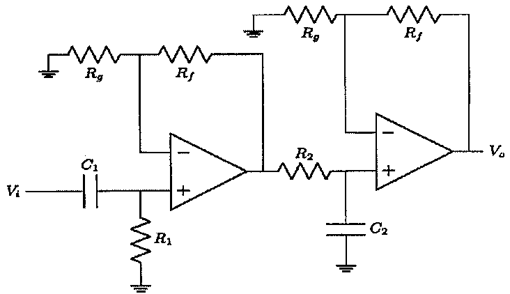 Dois estágios com amplificadores operacionais não inversores (resistores Rg e Rf na realimentação): primeiro estágio com entrada Vi pelo capacitor C1 e resistor R1 para a terra; segundo estágio com resistor R2 em série e capacitor C2 para a terra na entrada; saída Vo.