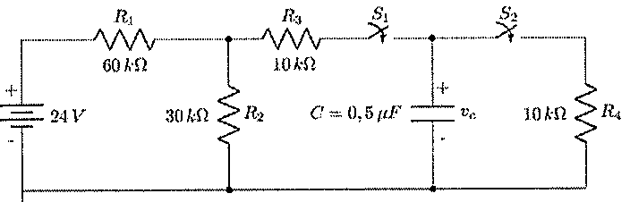 Circuito: fonte E de 24 V; R1 de 60 kΩ em série até um nó; R2 de 30 kΩ do nó à terra; R3 de 10 kΩ e chave S1 em série até o capacitor C = 0,5 μF (tensão vc); chave S2 ligando o capacitor ao resistor R4 de 10 kΩ para a terra.