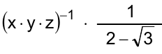 Expressão: (x · y · z) elevado a −1, vezes 1 sobre (2 − raiz de 3).