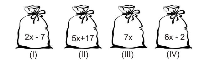 Figura (1): quatro sacos de café etiquetados (I) 2x - 7, (II) 5x+17, (III) 7x e (IV) 6x - 2.