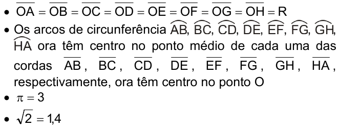 Considere que: OA = OB = OC = OD = OE = OF = OG = OH = R (segmentos); os arcos de circunferência AB, BC, CD, DE, EF, FG, GH, HA ora têm centro no ponto médio de cada uma das cordas AB, BC, CD, DE, EF, FG, GH, HA, respectivamente, ora têm centro no ponto O; π = 3; √2 = 1,4.