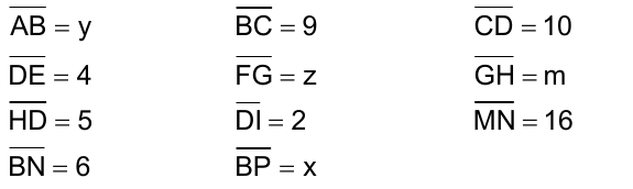 Medidas dos segmentos: AB = y, BC = 9, CD = 10, DE = 4, FG = z, GH = m, HD = 5, DI = 2, MN = 16, BN = 6, BP = x.