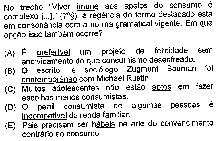 Recorte da questão no original, mostrando os termos sublinhados: 'imune' no enunciado e 'preferível', 'contemporâneo', 'aptos', 'incompatível' e 'hábeis' nas alternativas A a E.