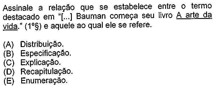Recorte da questão no original, mostrando sublinhado o trecho 'A arte da vida'.