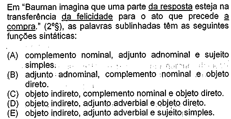 Recorte da questão no original, mostrando sublinhados os termos 'da resposta', 'da felicidade' e 'a compra'.