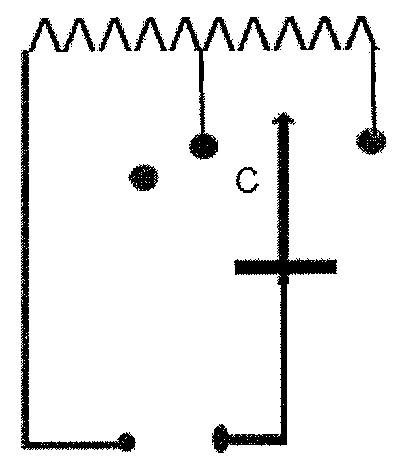 Esquema do circuito do chuveiro: um resistor em zigue-zague na parte superior, com a extremidade esquerda ligada por fio a um terminal inferior; uma derivação no meio do resistor termina em um ponto de contato e a extremidade direita termina em outro ponto de contato; há também um ponto de contato isolado à esquerda. Um cursor C, ligado ao segundo terminal inferior, pode ser posicionado em cada um dos três pontos.