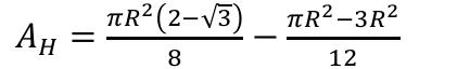 A índice H igual a pi R ao quadrado vezes (2 menos raiz de 3), dividido por 8, menos (pi R ao quadrado menos 3 R ao quadrado) dividido por 12.
