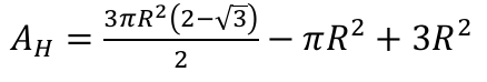 A índice H igual a 3 pi R ao quadrado vezes (2 menos raiz de 3), dividido por 2, menos pi R ao quadrado mais 3 R ao quadrado.