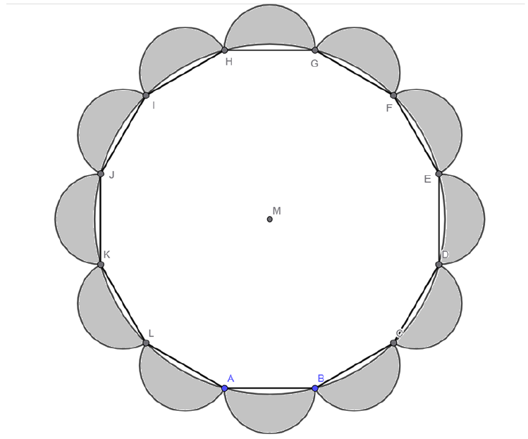 Figura: dodecágono regular de vértices A, B, C, …, L inscrito em circunferência de centro M; sobre cada lado há um semicírculo externo, e as regiões entre cada semicírculo e o arco da circunferência estão sombreadas em cinza, formando uma rosácea.