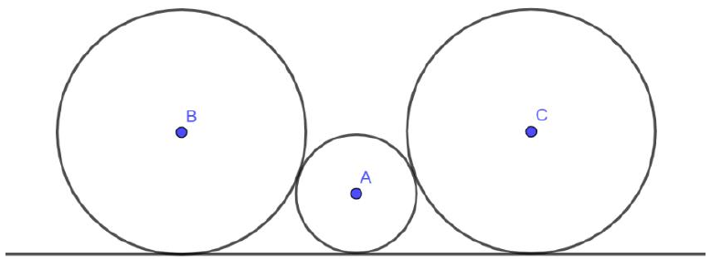 Figura: três círculos apoiados sobre uma reta horizontal (o chão): dois círculos maiores, de centros B (à esquerda) e C (à direita), e entre eles um círculo menor de centro A, tangente aos dois maiores e ao chão.