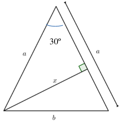 Figura: triângulo isósceles com ângulo de 30º no vértice superior, lados iguais a, base b; um segmento x parte do vértice inferior esquerdo e encontra perpendicularmente o lado direito (ângulo reto marcado). Ao lado direito, uma cota paralela indica o comprimento a.