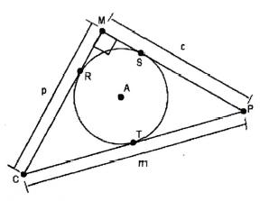 Triângulo retângulo CMP com ângulo reto em M, circunferência inscrita de centro A tangente aos lados nos pontos R (lado CM), S (lado MP) e T (lado PC). Cotas: p no lado CM, c no lado MP e m no lado PC.
