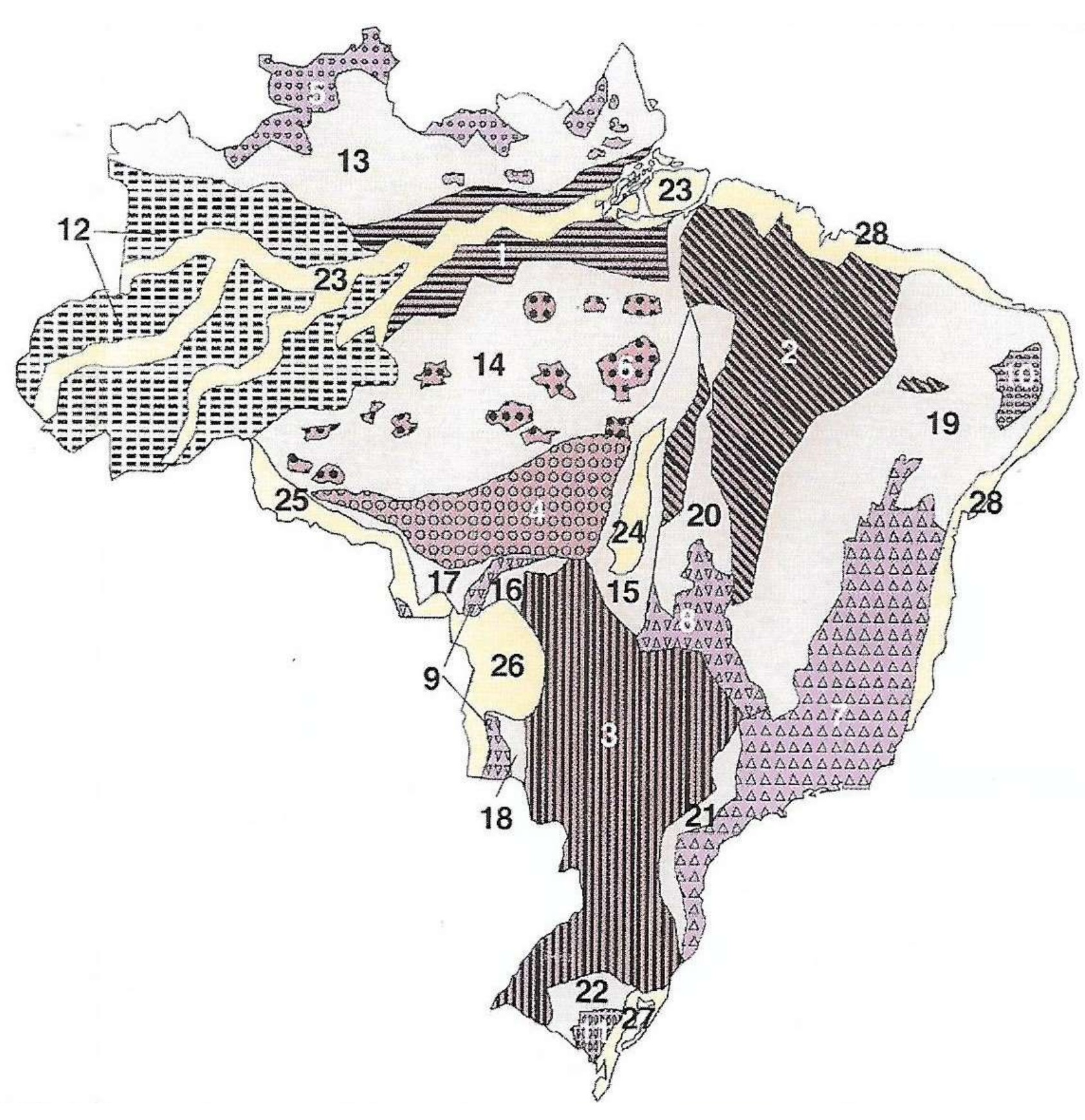 Mapa das unidades de relevo do Brasil segundo Ross, com unidades numeradas de 1 a 28 e diferenciadas por hachuras e padrões; as unidades 1, 2, 3, 4, 5, 6, 7, 8 e 10 têm números em branco sobre a hachura.