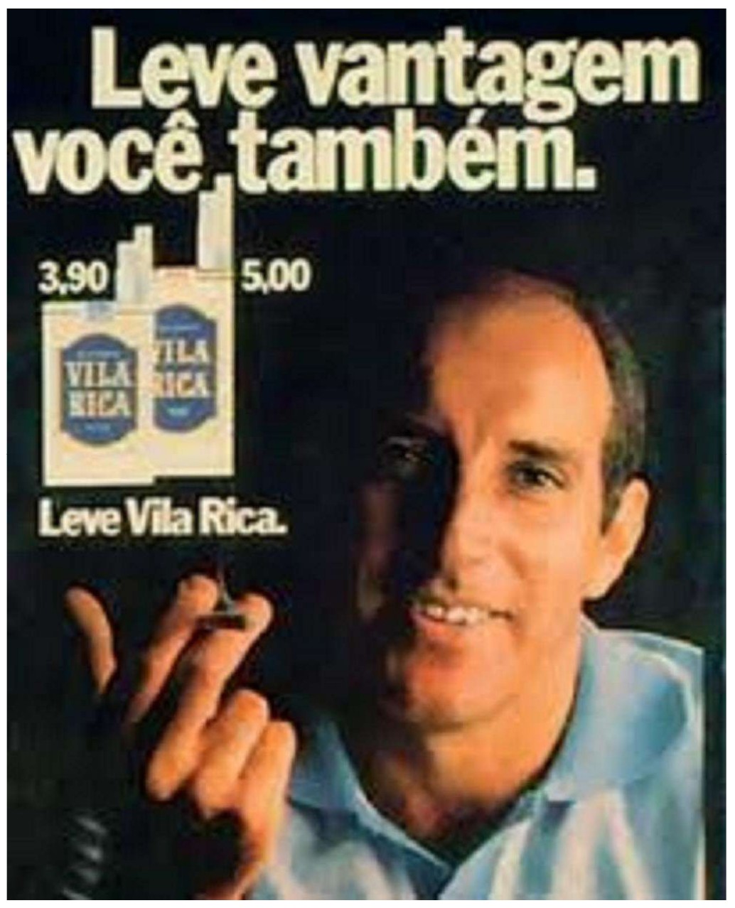 Cartaz publicitário do cigarro Vila Rica: no alto, em letras grandes, “Leve vantagem você também.”; à esquerda, dois maços de Vila Rica com os preços 3,90 e 5,00 e a frase “Leve Vila Rica.”; à direita, o jogador Gérson, sorridente, segurando um cigarro.