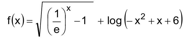 f(x) igual à raiz quadrada de (1 sobre e) elevado a x, menos 1, mais log de (−x² + x + 6).