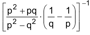 Expressão: [ (p² + pq)/(p² − q²) · (1/q − 1/p) ] elevado a −1.
