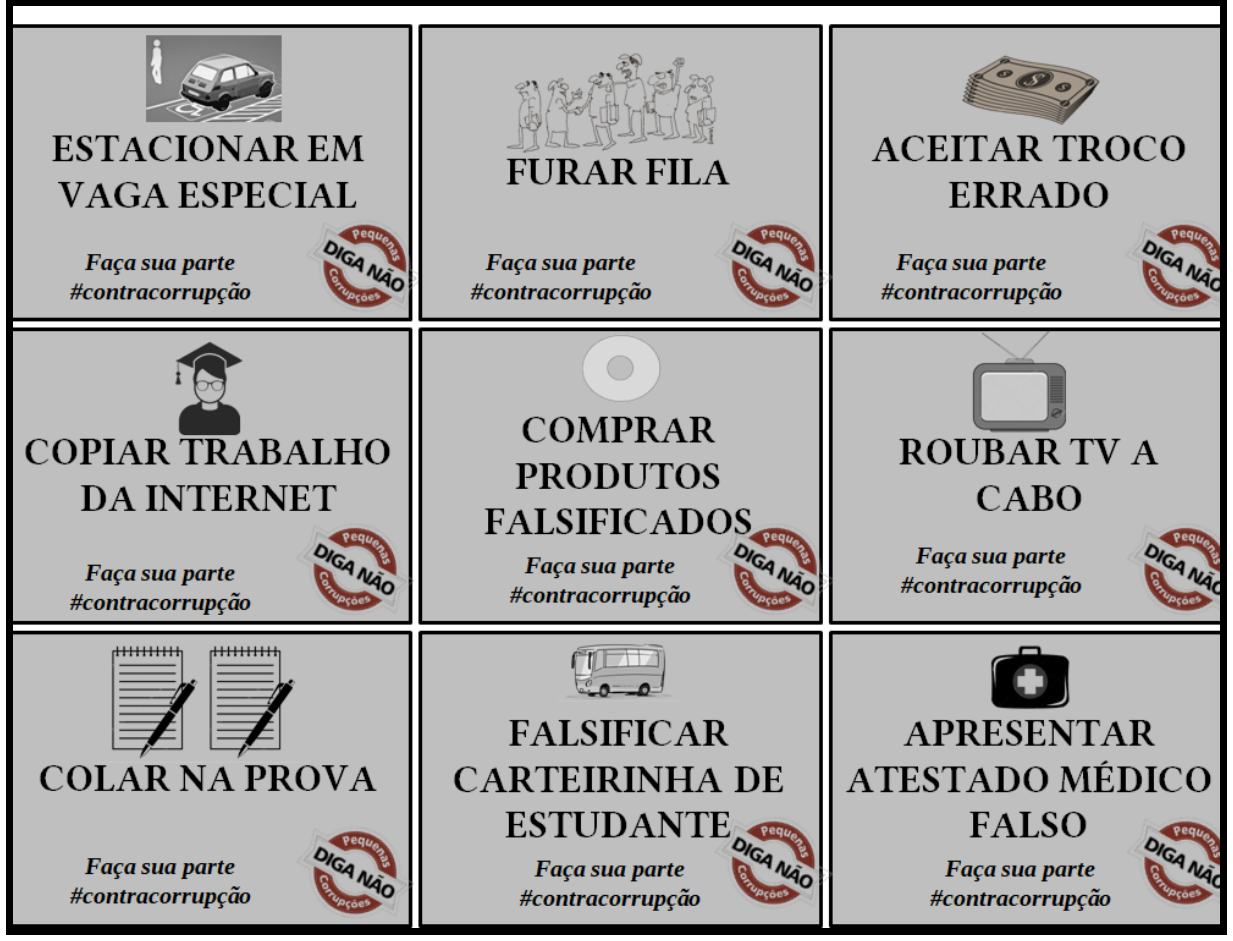 Quadro com nove cartazes cinzentos, cada um com um pequeno desenho, uma ação escrita em letras maiúsculas, os dizeres “Faça sua parte #contracorrupção” e um selo “Diga não – Pequenas corrupções”. Ações: estacionar em vaga especial; furar fila; aceitar troco errado; copiar trabalho da internet; comprar produtos falsificados; roubar TV a cabo; colar na prova; falsificar carteirinha de estudante; apresentar atestado médico falso.