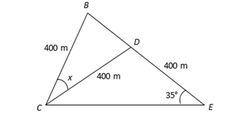 Diagrama: triângulo BCE com o ponto D sobre o lado BE. Segmentos BC, CD e DE medem 400 m cada. O ângulo em E mede 35° e o ângulo x está no vértice C, entre os segmentos CB e CD.