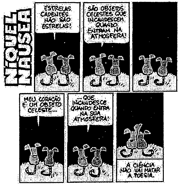 Tirinha Níquel Náusea, de Fernando Gonsales, em seis quadrinhos com dois ratos sentados olhando o céu noturno. 1º quadrinho: “Estrelas cadentes não são estrelas!”. 2º: “São objetos celestes que incandescem quando entram na atmosfera!”. 3º: os dois em silêncio. 4º: “Meu coração é um objeto celeste...”. 5º: “...que incandesce quando entra na sua atmosfera!”. 6º: os dois juntos, com o texto “A ciência não vai matar a poesia.”
