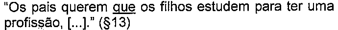 Alternativa com termo(s) sublinhado(s). Texto: “Os pais querem que os filhos estudem para ter uma profissão, [...].” (§13) Termo(s) sublinhado(s) no original: que.