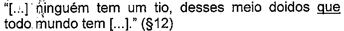 Alternativa com termo(s) sublinhado(s). Texto: “[...] ninguém tem um tio, desses meio doidos que todo mundo tem [...].” (§12) Termo(s) sublinhado(s) no original: que.