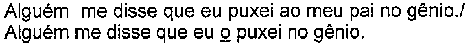 Alternativa com termo(s) sublinhado(s). Texto: Alguém me disse que eu puxei ao meu pai no gênio./ Alguém me disse que eu o puxei no gênio. Termo(s) sublinhado(s) no original: o.