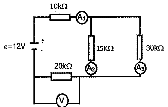Circuito: fonte ε = 12 V em série com resistor de 10 kΩ e amperímetro A1; depois, dois ramos em paralelo, um com resistor de 15 kΩ e amperímetro A2 e outro com resistor de 30 kΩ e amperímetro A3; os ramos retornam à fonte por um resistor de 20 kΩ, ao qual está ligado em paralelo o voltímetro V.