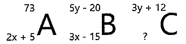 Notação dos átomos hipotéticos: A com número de massa 73 e número atômico 2x + 5; B com número de massa 5y - 20 e número atômico 3x - 15; C com número de massa 3y + 12 e número atômico indicado por “?”.